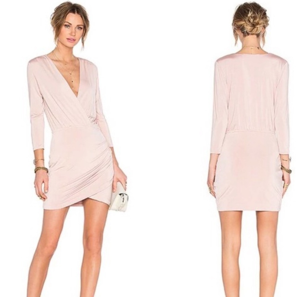 Lovers + Friends Pink Plunge Neckline Wrap Ruched 3/4 Sleeve Party Mini Dress XS